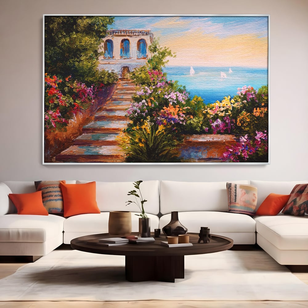 Tablou canvas cu pictura cu scari florale spre mare, in rama de aluminiu argintiu, pe perete intr-un living
